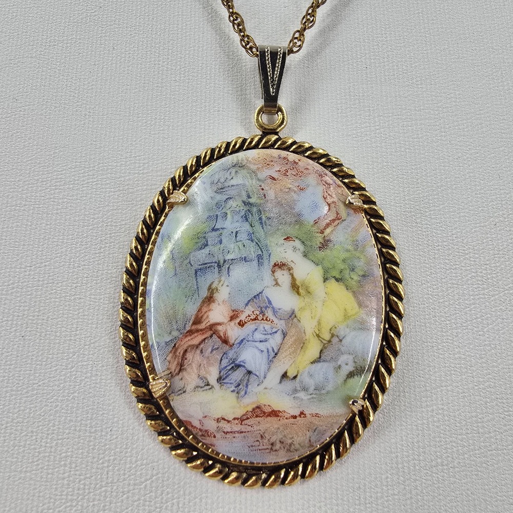 Vintage Fragonard Porcelain Courting Couple Necklace Gold Filled Chain 23"